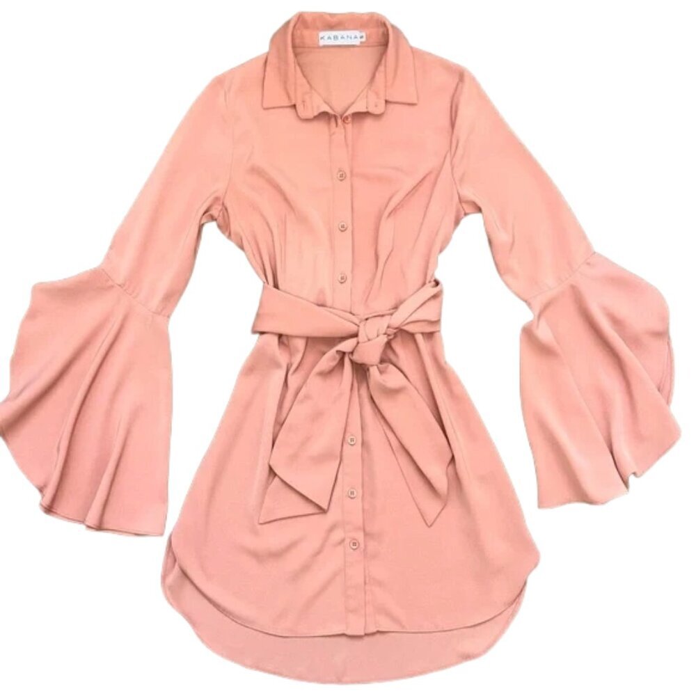 Kabana Tunic Mini Dress Bell Sleeve Tie Waist Boho Flattering Fit S